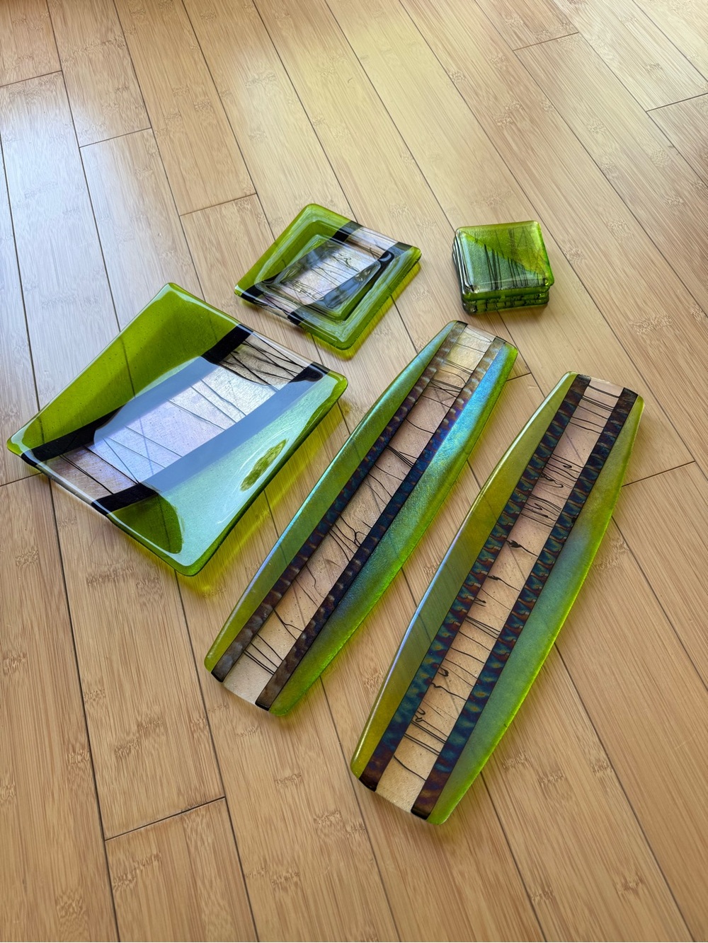 Chris Paulson Multi Color Iridescent Fused Glass  platter, coaster, tray set